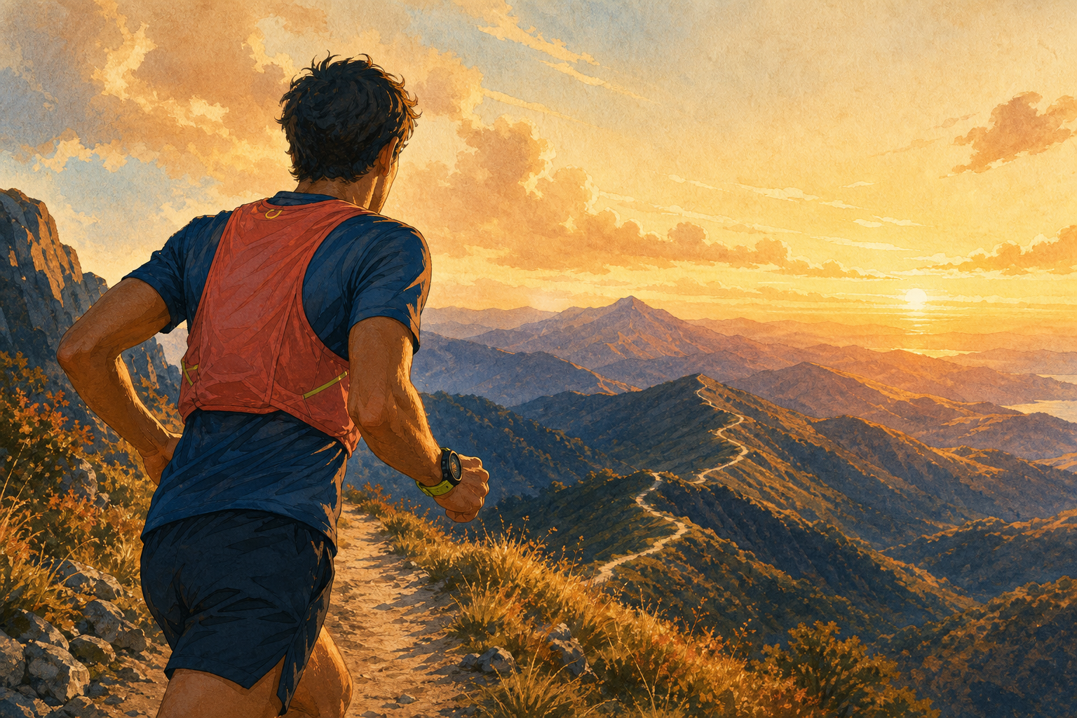 Editorial illustration of a long-distance runner wearing a GPS watch on a mountain trail
