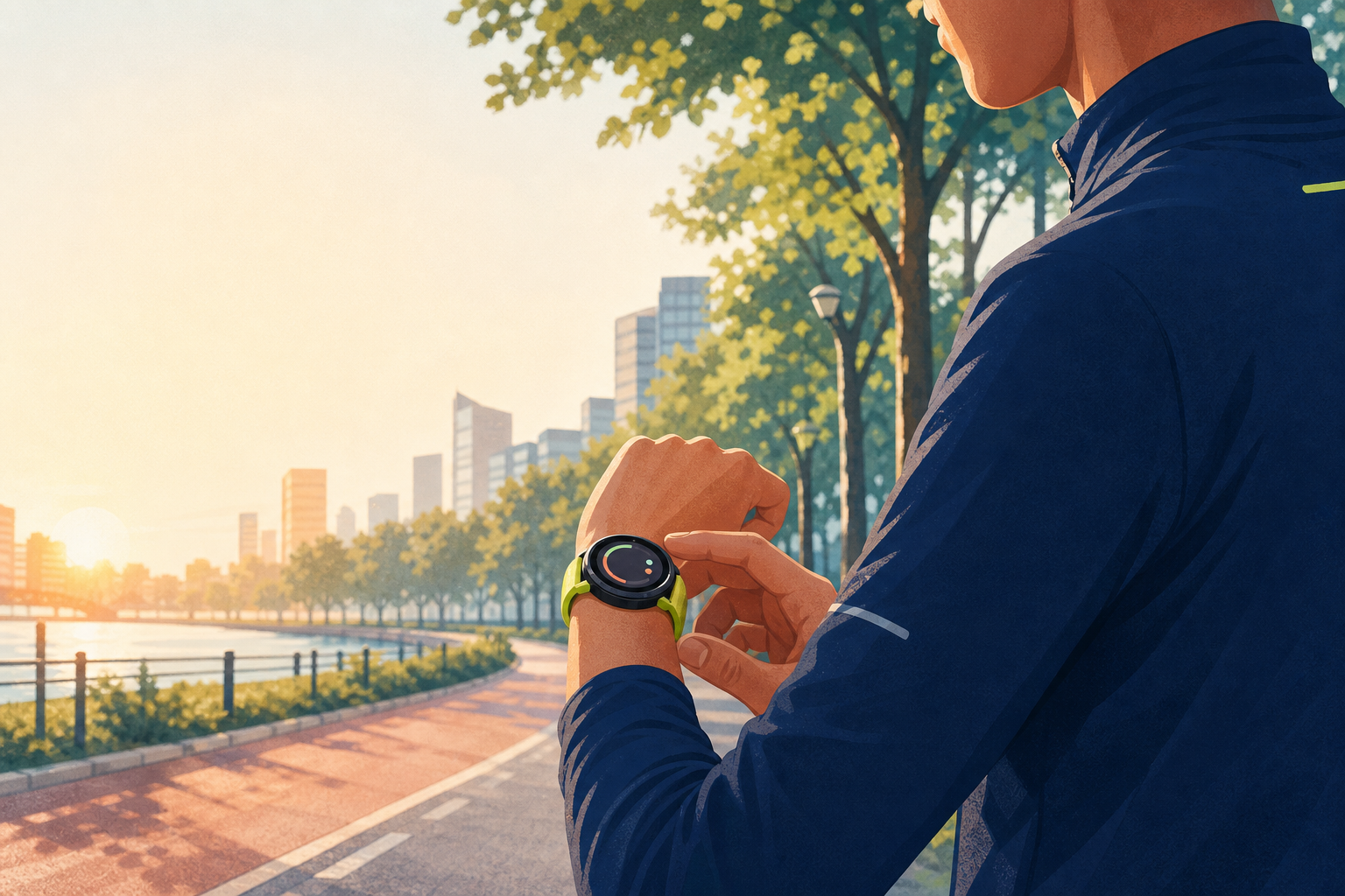 Editorial illustration of a city runner checking a bright GPS watch